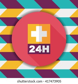 Hospitals 24 hours flat icon with long shadow