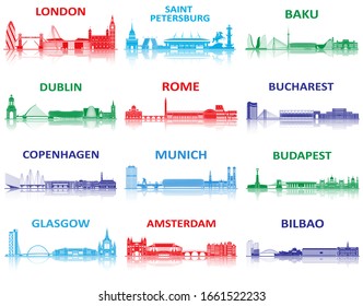 Host cities landmarks silhouette. European championship 2020.