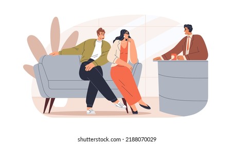 Anfitrión entrevistando a una pareja de celebridades en un programa nocturno en un estudio de televisión. Conversación, charla, diálogo con invitados estrella sentados en el sofá. Ilustración vectorial gráfica plana aislada en fondo blanco.