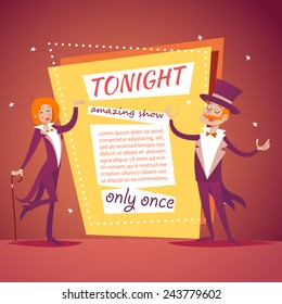 Host Lady Girl Boy Man in Suit with Cane and  Cylinder Hat Ads Circus Show Icon on Stylish Background Retro Cartoon Design Vector Illustration