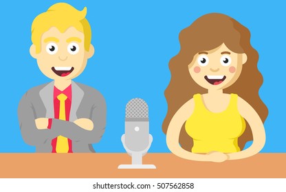 Host man and girl with  microphone at the table, in tv show.
