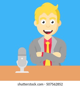 Host man with microphone at the table, in tv show.