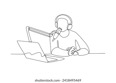 Host a podcast while using a laptop in front of professional microphones - one line drawing. concept of podcast recording, radio interviews, online streaming