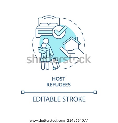 Host refugee turquoise concept icon. Provide home and room. Helping refugees abstract idea thin line illustration. Isolated outline drawing. Editable stroke. Arial, Myriad Pro-Bold fonts used