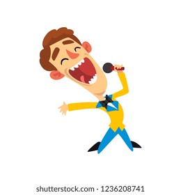 Host of the show, joyful man with microphone vector Illustration on a white background