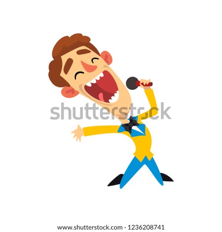 Host of the show, joyful man with microphone vector Illustration on a white background