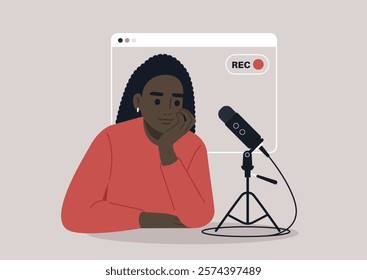 Host sits thoughtfully by a live podcast microphone, immersed in creativity, capturing engaging discussions to share with an eager audience in a cozy setting