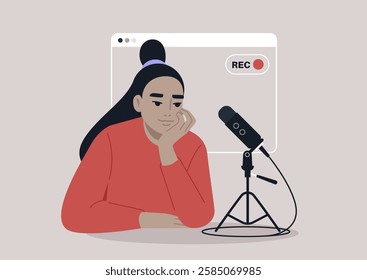 Host sits thoughtfully by a live podcast microphone, immersed in creativity, capturing engaging discussions to share with an eager audience in a cozy setting