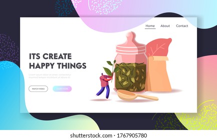 Host Waiting Guest Friends at Home for Tea Ceremony Landing Page Template. Tiny Male Character Hold Huge Tea Branch with Glass Jar, Wooden Spoon and Paper Pack around. Cartoon Vector Illustration