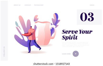 Host Waiting Guests Friends at Home for Tea Party Website Landing Page. Tiny Male Character Holding Huge Spoon, Crockery Decanter for Milk or Water Web Page Banner. Cartoon Flat Vector Illustration