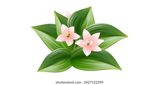 Hosta Blume. Mehrfarbige Knospen einer exotischen Pflanze, grüner Busch mit großen, breiten, gestreiften Blättern. Gartenpflanze für Landschaftsdekoration mit hellen, bunten Blumen Gastgeber. Vektor-Illustration 3d.