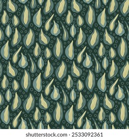 Hosta foliage floating endless background. Stylized leaves with dark green background seamless pattern. Surface pattern design secret garden motif. Vector hand drawn flat illustration.