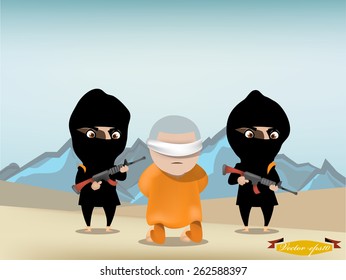 hostage is kneeling in front of terrorist with their gun, terrorist graphic design concept