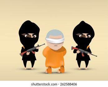 hostage is kneeling in front of terrorist with their gun, terrorist graphic design concept