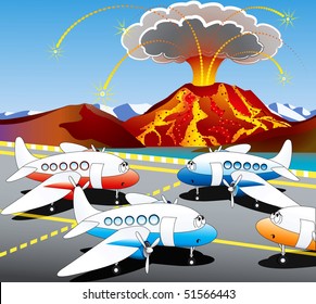 Hostages of the volcano - aircraft awaiting flights look at erupting volcano