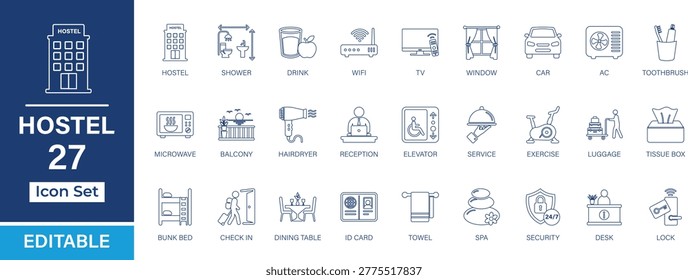 Hostel 27 Line Icon Set. Featuring lodging, facilities, tourism, front desk, safety, food, and hospitality elements for UI, UX, apps, and web.
