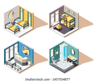 Hostel 2x2 design concept set of guest room bathroom reception isometric interiors vector illustration