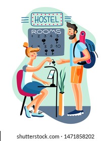 Hostel accommodation flat vector illustration. Dormitory receptionist and lodger with luggage cartoon characters. Room booking, tourist with backpack checks in at front desk. Woman gives man keys