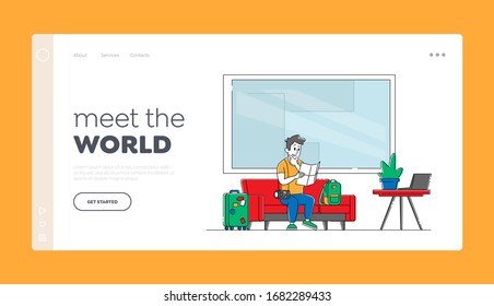 Hostel Accommodation, Hospitality Service Landing Page Template. Tourist with Luggage Sitting on Couch in Hostel Lobby. Male Traveler Character Move to Cheap Guesthouse. Linear Vector Illustration