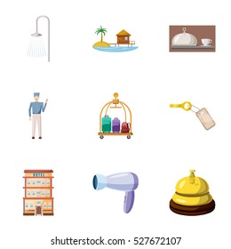Hostel accommodation icons set. Cartoon illustration of 9 hostel accommodation vector icons for web