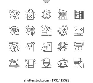 Hostel. Administrator call. Payment by card. Hotel, vacation, tourism, comfortable, travel, apartment and service. Pixel Perfect Vector Thin Line Icons. Simple Minimal Pictogram