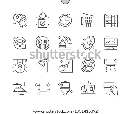Hostel. Administrator call. Payment by card. Hotel, vacation, tourism, comfortable, travel, apartment and service. Pixel Perfect Vector Thin Line Icons. Simple Minimal Pictogram