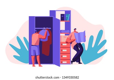 Hostel Apartment Interior with People Character Put Clothes in Wardrobe and Looking Map. Joint Budget Accommodation. International Economy Travel Concept. Weekend Trip Flat Cartoon Vector Illustration