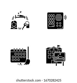 Hostel black glyph icons set on white space. Renting room for night. Intercom. Security. Sleeping accommodation. Cleaning schedule. Cleanliness control. Silhouette symbol. Vector isolated illustration
