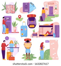 Hostel for budget travelers and young tourists, vector illustration. Set of isolated stickers in flat style, people cartoon characters. Cheap accommodation in hostel, tourists with baggage, backpacks