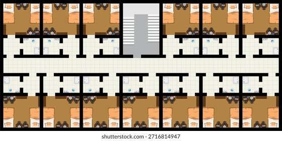 Plan de piso de edificio de albergue Diseño de interiores Vista superior Dormitorio Vector