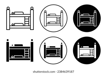 Hostel bunk bed vector icon set. In black filled and outlined style for UI designs.