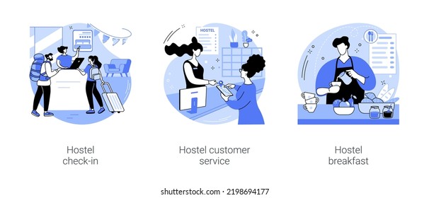 Hostel business isolated cartoon vector illustrations set. Check-in process, dormitory room, customer service, receptionist giving instructions to customer, worker serving breakfast vector cartoon.