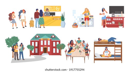 Hostel Cartoon Character Set, Flat Vector Isolated Illustration. Hostel Building, Reception, Kitchen, Bedroom, Laundry Room. Tourists, Students Searching For Cheap Hotel Accommodation, Living In Dorm.