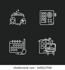Hostel chalk white icons set on black background. Renting room for night. Intercom. Security. Sleeping accommodation. Cleaning schedule. Cleanliness control. Isolated vector chalkboard illustrations