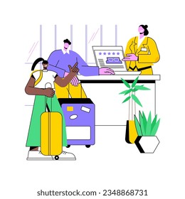 Hostel check-in isolated cartoon vector illustrations. Young couple checking into a hostel, dormitory room, hospitality business, backpackers traveling, arriving at guesthouse vector cartoon.