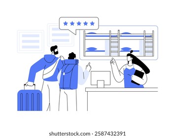 Hostel check-in isolated cartoon vector illustrations. Young couple checking into a hostel, dormitory room, hospitality business, backpackers traveling, arriving at guesthouse vector cartoon.