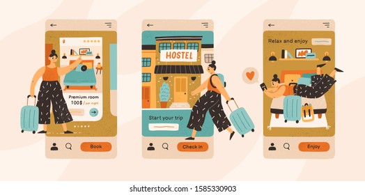 Hostel check-in steps vector illustrations set. Online guesthouse choice and booking app interface. Temporary housing search concept. Female traveler with baggage, hotel guest cartoon character.