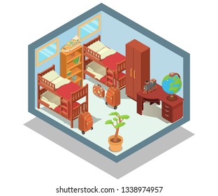 Hostel concept banner. Isometric banner of  hostel vector concept for web, giftcard and postcard