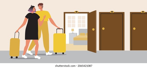Hostel, couple with luggage. Flat vector stock illustration. Check in at a hostel or dorm. Man and women. Family  room. Man and women as a couple. Vector graphics