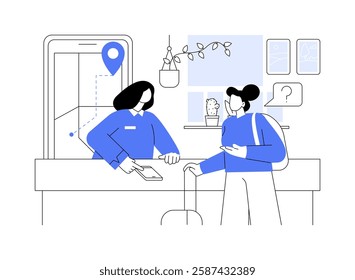 Hostel customer service isolated cartoon vector illustrations. Hostel receptionist giving instructions to customer, explaining the way, hospitality business, traveler check-in vector cartoon.