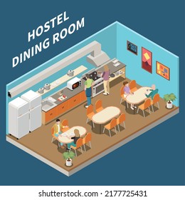 Hostel dinning room isometric background with some tables kitchen stove and home appliances vector illustration