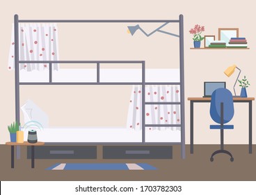 Hostel, Dorm Room Flat Color Vector Illustration. University Dormitory, Accommodation 2D Cartoon Interior With Bunk Bed On Background. Student Lifestyle, College Experience. Empty Shared Room