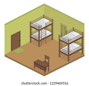Hostel or Dormitory room with bunk bed . Isometric Vector