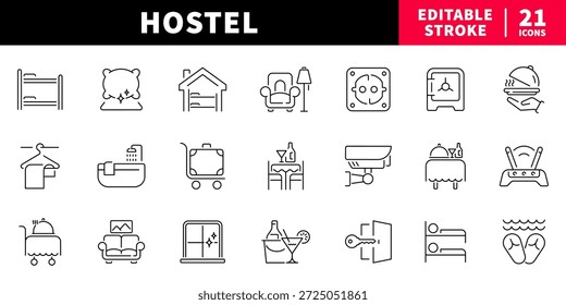 Hostel linha editável ícones conjunto. acomodação e viagem símbolos