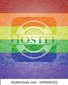 Hostel emblem on mosaic background with the colors of the LGBT flag