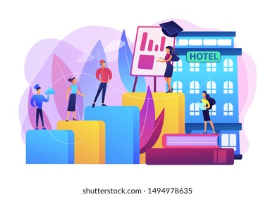 Hostel Employee, Chef, Maid, And Bell Boy Education. Hospitality Courses, Hospitality Staff Training, Hotels Industry Training Program Concept. Bright Vibrant Violet Vector Isolated Illustration