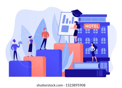 Hostel Employee, Chef, Maid, And Bell Boy Education. Hospitality Courses, Hospitality Staff Training, Hotels Industry Training Program Concept. Pink Coral Blue Vector Isolated Illustration