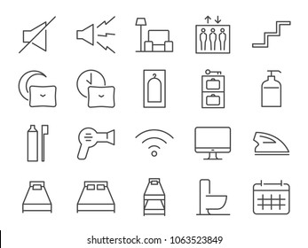 Hostel facilities icon set 2. Included the icons as bathroom, bed types, sleep, nap, lift, lobby, hotel, services and more