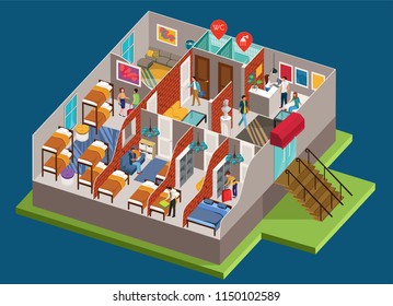 Hostel with guests, rest zone, bedroom, reception, isometric vector illustration.