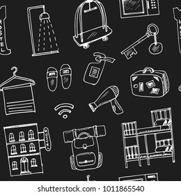 Hostel Hand drawn doodle seamless pattern Symbol collection.